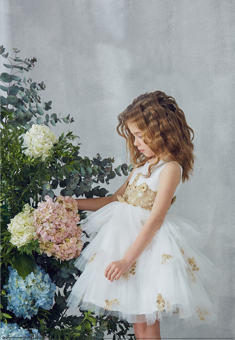 Satin Sleeveless With Beaded Appliques Round Neck Ball Gown Flower Girl Dresses