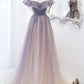 Off the Shoulder Ombre Tulle A-Line Sparkly Short Sleeves Prom Dresses