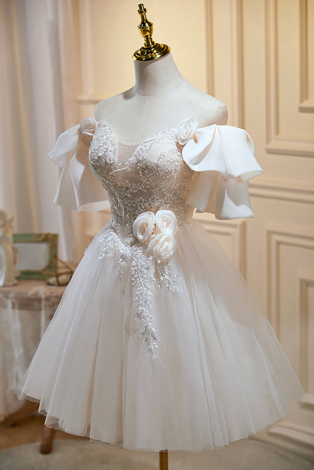 Cute Blush A line Tulle Off The Shoulder Short Homecoming Dress main image 0