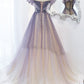 Off the Shoulder Ombre Tulle A-Line Sparkly Short Sleeves Prom Dresses