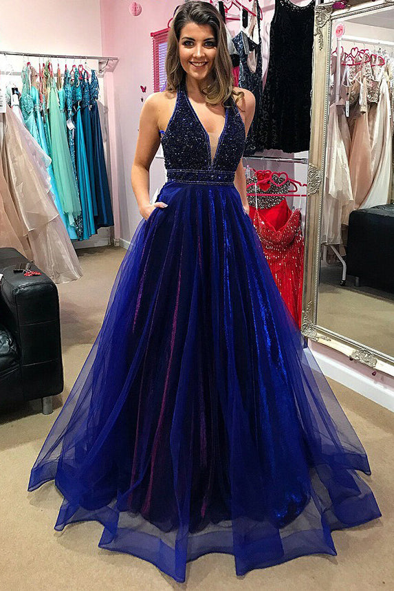 royal blue and purple dress Modest Unique V-neck Beading Long Prom Dresses With Pockets Descriptive Color:Black combining glamour Women Off The Shoulder Hats 7 1/8