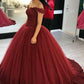 Burgundy Ball Gown Off-the-Shoulder Tulle Quinceanera Gown, Sweet 16 Dress with Appliques Q102 - Ombreprom