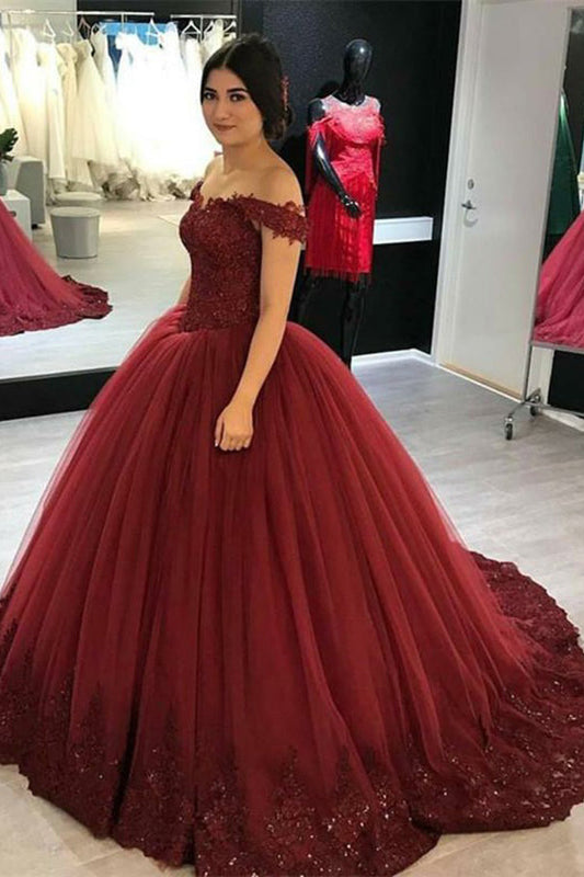 Burgundy Ball Gown Off-the-Shoulder Tulle Quinceanera Gown, Sweet 16 Dress with Appliques Q102 - Ombreprom