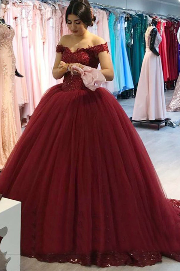 Burgundy Ball Gown Off-the-Shoulder Tulle Prom Gown with Appliques Burgundy