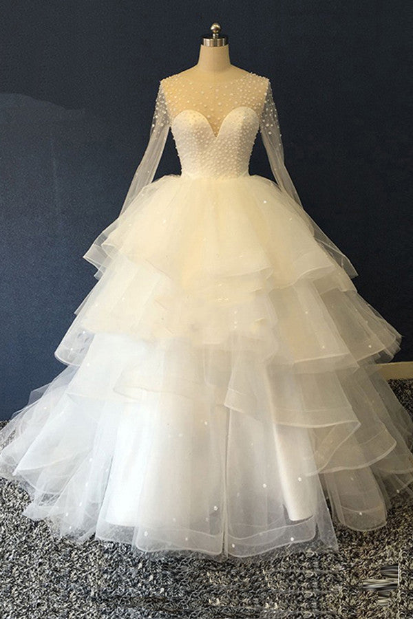 Unique Organza Long Sleeves Multi-layer Ball Gown,White Scoop Beaded Wedding