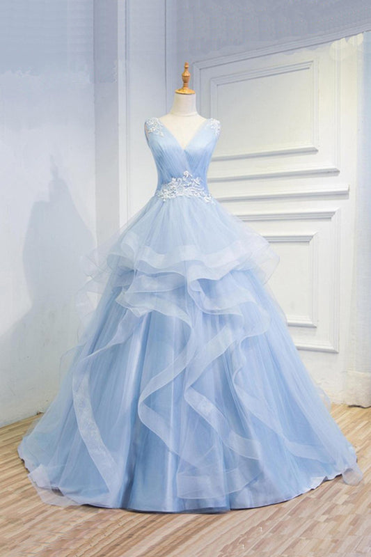 Sweetheart Baby Blue Organza  V neck Wedding Gowns,Ruffles Appliques Wedding Dress