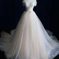 Elegant Off-shoulder Tulle Pleat Wedding Gowns,Sweep Train V Neck Wedding Dress