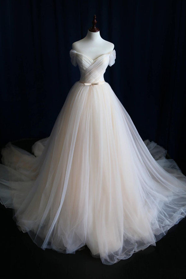 Off-shoulder Tulle Pleat Wedding Gowns,Sweep Train V Neck Wedding Dress