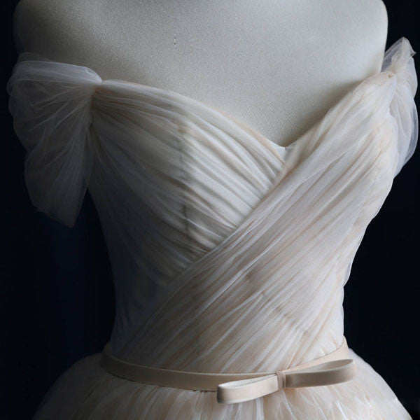 Elegant V Neck Off-shoulder Tulle Pleat Sweep Train Wedding Dresses