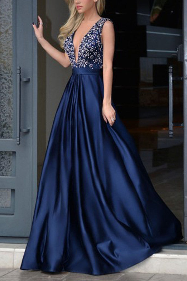 Sexy V Neck Prom Dress,Floor Length V Back Beading Evening Dress