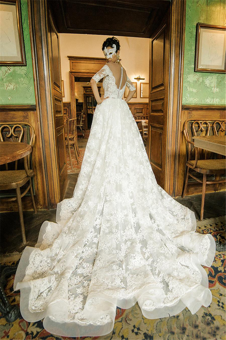 Half Sleeves Sheer Deep V neck Lace Applique Ball Gown Illusion Back W
