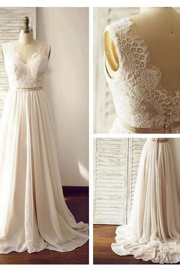 Simple Floor Length Sleeveless Wedding Gowns,Appliques Beach Wedding Dress With Gold Belt