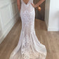 V Neck Sheath Floor Length Lace Appliques V Back Beach Wedding Dresses