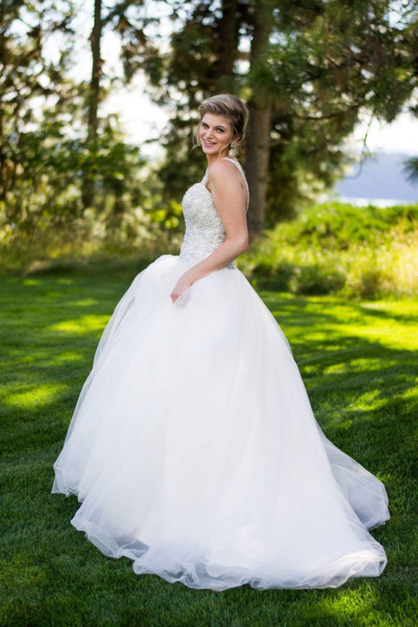 Gorgeous Square Sleeveless Ball Gown Wedding Gowns,Mid Back Sequins Beading Wedding Dress