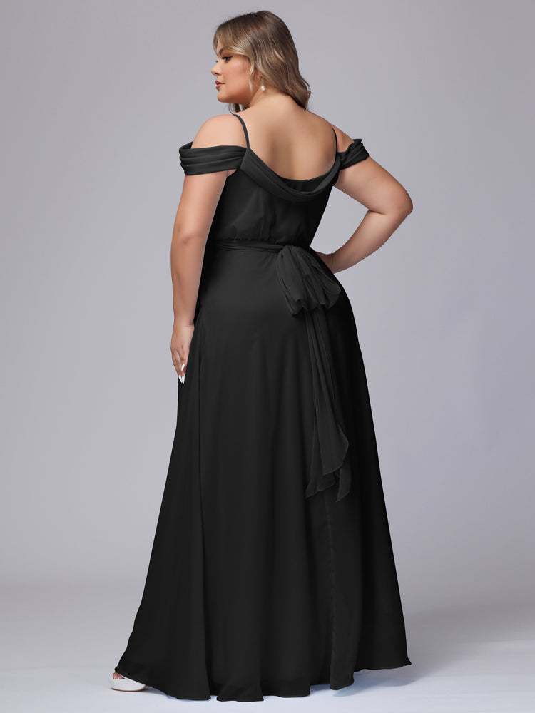 Off The Shoulder Chiffon Dresses with Spaghetti Straps Brown Plus Size