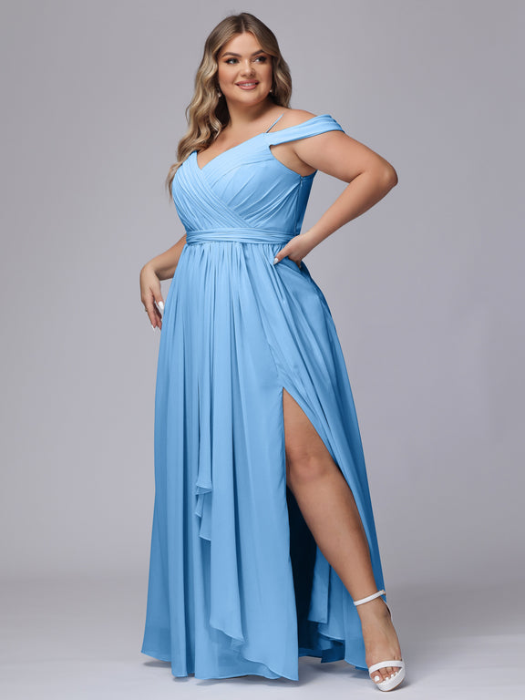 One Shoulder Long Chiffon Bridesmaid Gown Peacock Plus Size main image 1