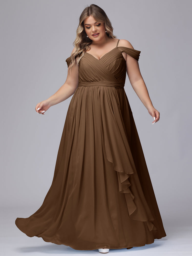 One-Shoulder Chiffon Long Dresses with Belt Brown