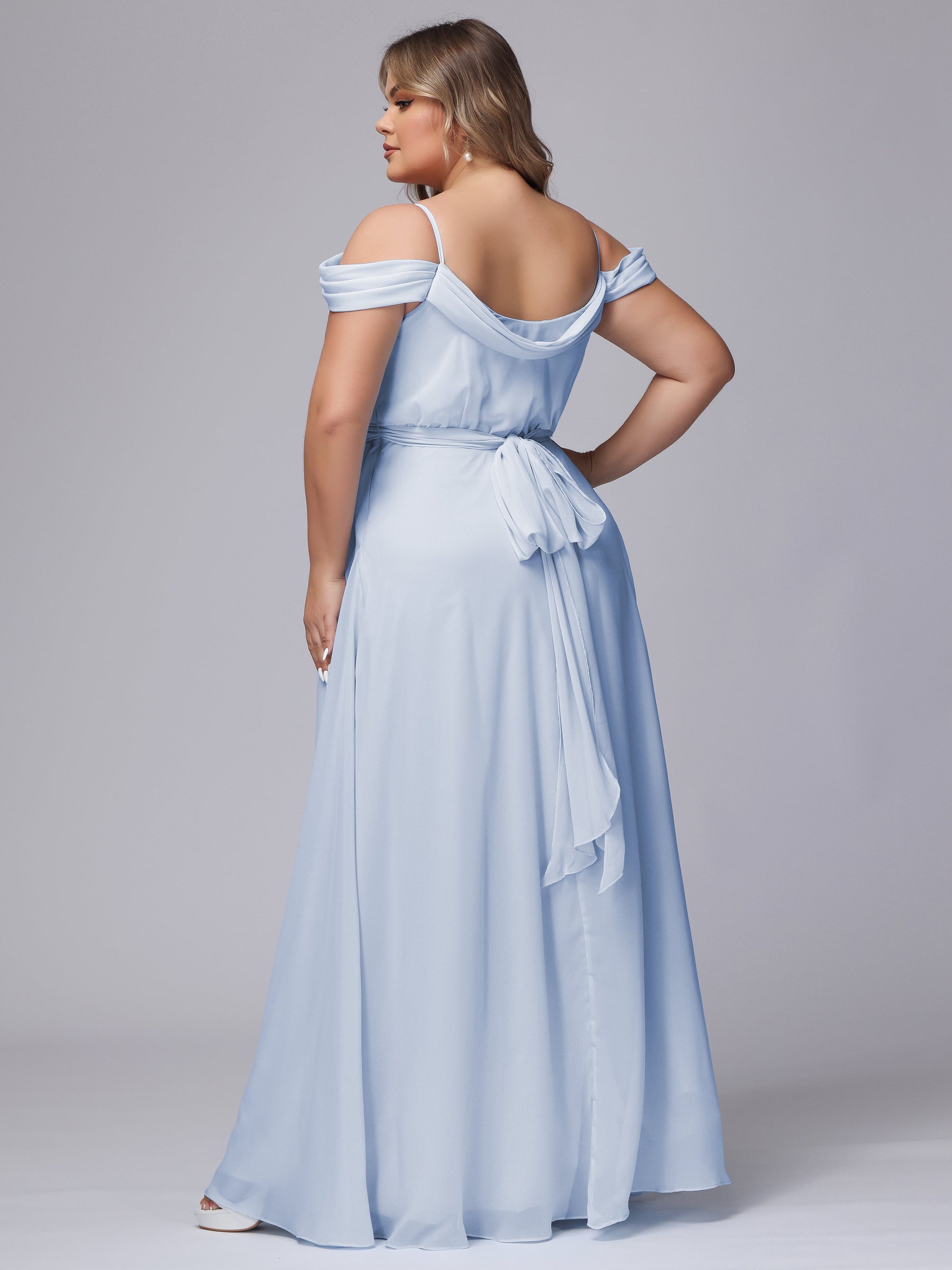 Simple Newest Charming Off-The-Shoulder Chiffon Long Cheap Bridesmaid Dresses With Ruffles, QB0915 main image 0