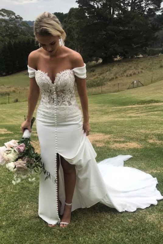 Off Shoulder Sweetheart A Line Wedding Dresses with Split