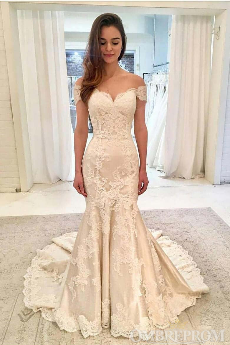 Off Shoulder Sweetheart Court Train Lace Mermaid Wedding Dresses