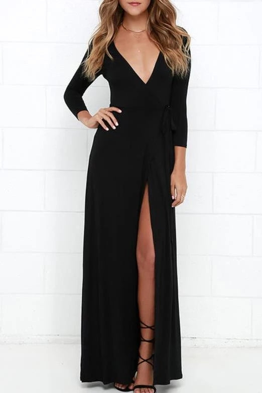 Black Long Sleeves V-neck Prom Dresses With Split