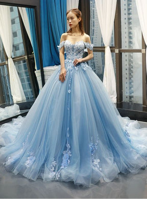 Off Shoulder Sweetheart Lace Ball Gown Blue Prom Dresses