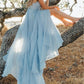 Simple Sleeveless V Neck Chiffon A Line Long Sky Blue Flowy Prom Dresses