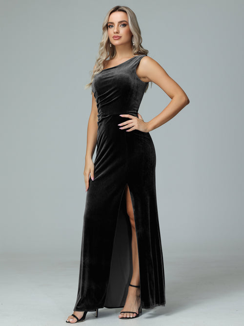 Winter One Shoulder Velvet Long Bridesmaid Dresses