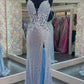 Elegant Straps Light Blue Sheath Appliques Long Prom Dresses