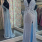 Elegant Straps Light Blue Sheath Appliques Long Prom Dresses
