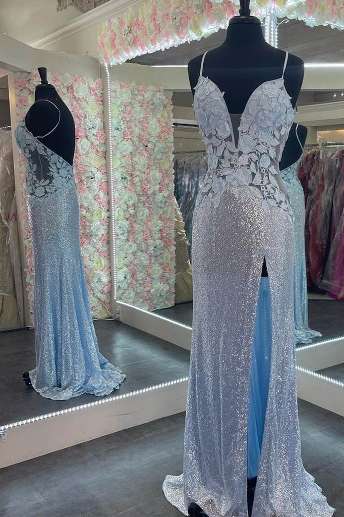 Elegant Straps Light Blue Sheath Appliques Long Prom Dresses
