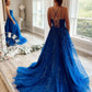 Princess A Line Lace Appliques Royal Blue Tulle Long Formal Dresses Prom Dresses