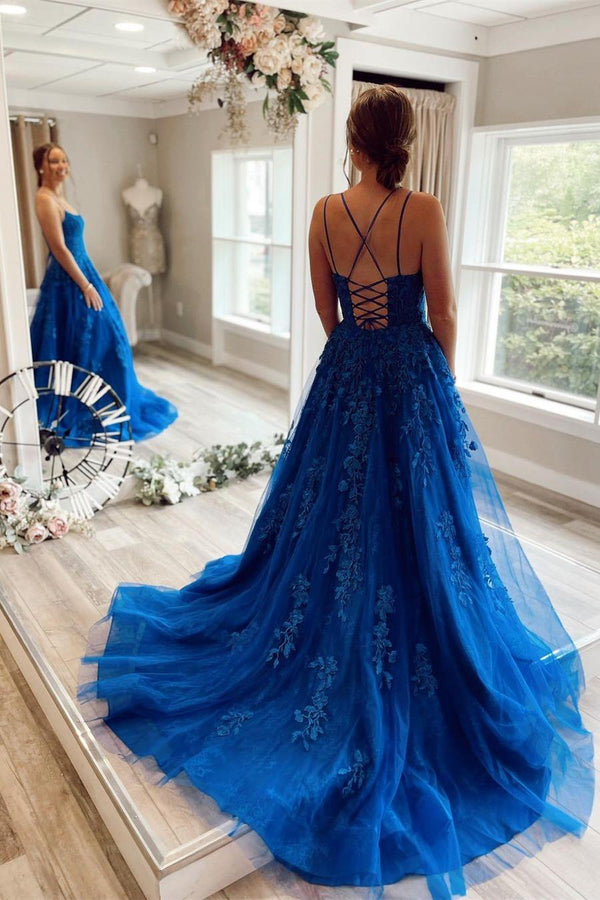 Royal-blue Prom Dress Lace Appliques Evening Dress main image 1