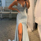 Light Blue Shiny Mermaid Evening Party Dresses Beaded Long Prom Dresses