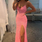 Prom Dresses With Side Slit Spaghetti Straps Blue Sequin Mermaid