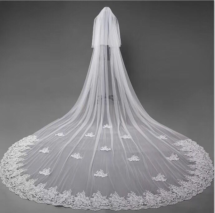 Cute Tulle Lace Appliques Chapel Veils Long Wedding Veil