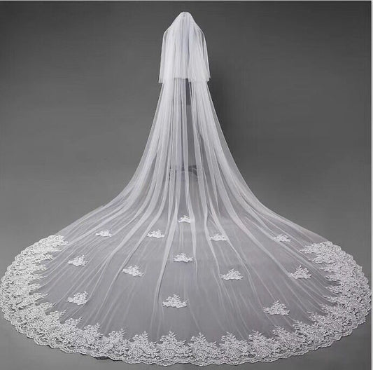 Cute Tulle Lace Appliques Chapel Veils Long Wedding Veil