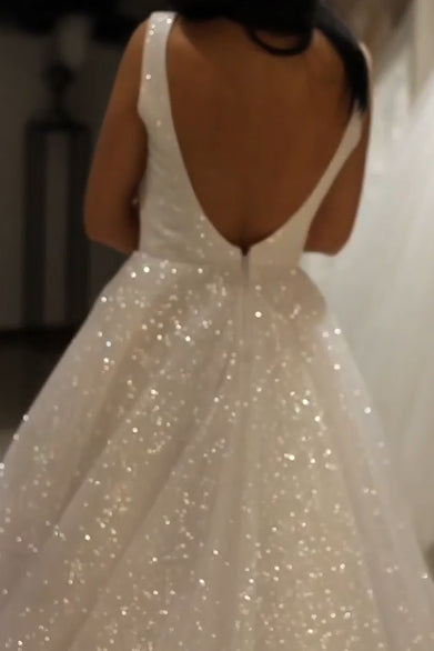 Sparkly Bridal Gowns V Neck Backless Wedding Dresses with Sequins