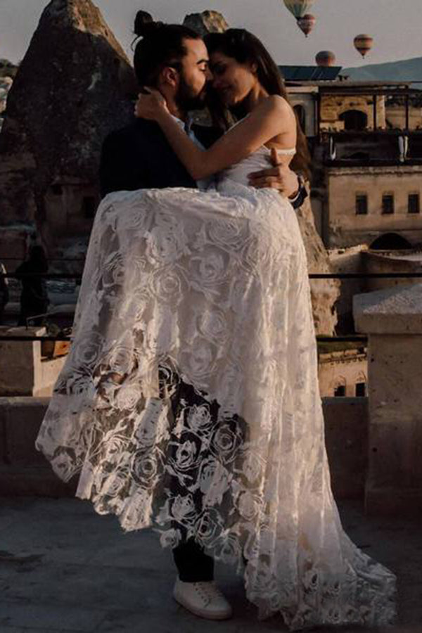 Charming Ivory Lace A Line Spaghetti Straps Backless Side Slit Beach Wedding Dresses