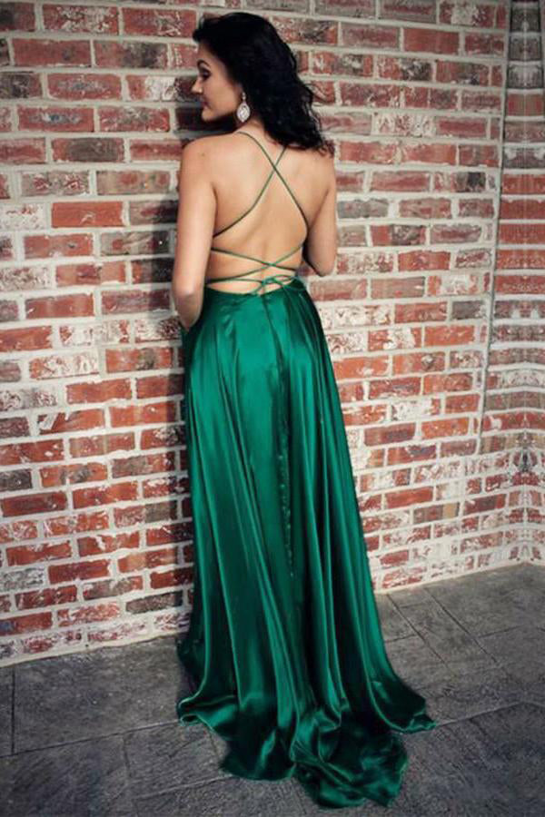 Casual Red Simple Spaghetti Straps Backless Sweep Train Backless Prom Dresses With Pockets