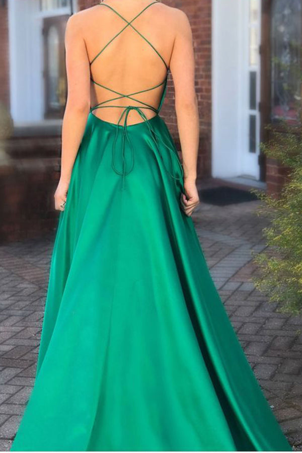 Casual Red Simple Spaghetti Straps Backless Sweep Train Backless Prom Dresses With Pockets