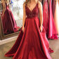 Red Prom Dresses Satin Beaded Ball Gown with Pockets