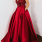 Red Prom Dresses Satin Beaded Ball Gown with Pockets