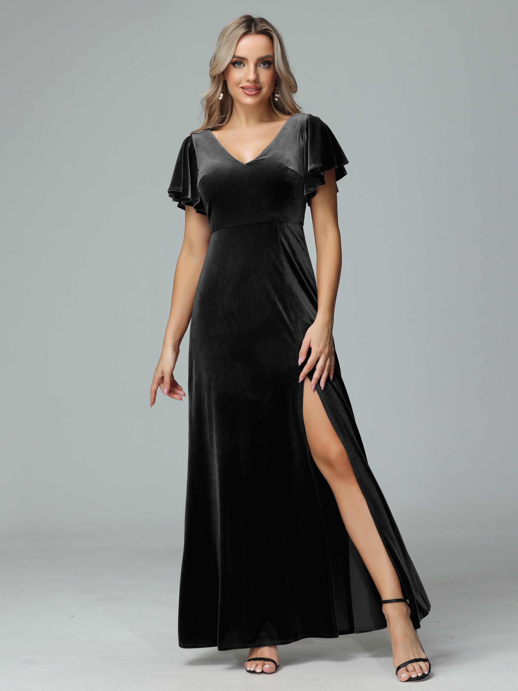Ruffle V-Neck Velvet Bridesmaid Dresses with High Slit