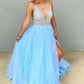 V Neck A Line Tulle Beading Sky Blue Long Prom Dresses With Slit