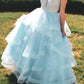 Blue A-line V Neck Chrming Tiered Long Beaded Prom Dresses