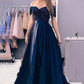 Dark Navy A-Line Rhinstone Off the Shoulder Long Prom Dresses Evening Party Gowns