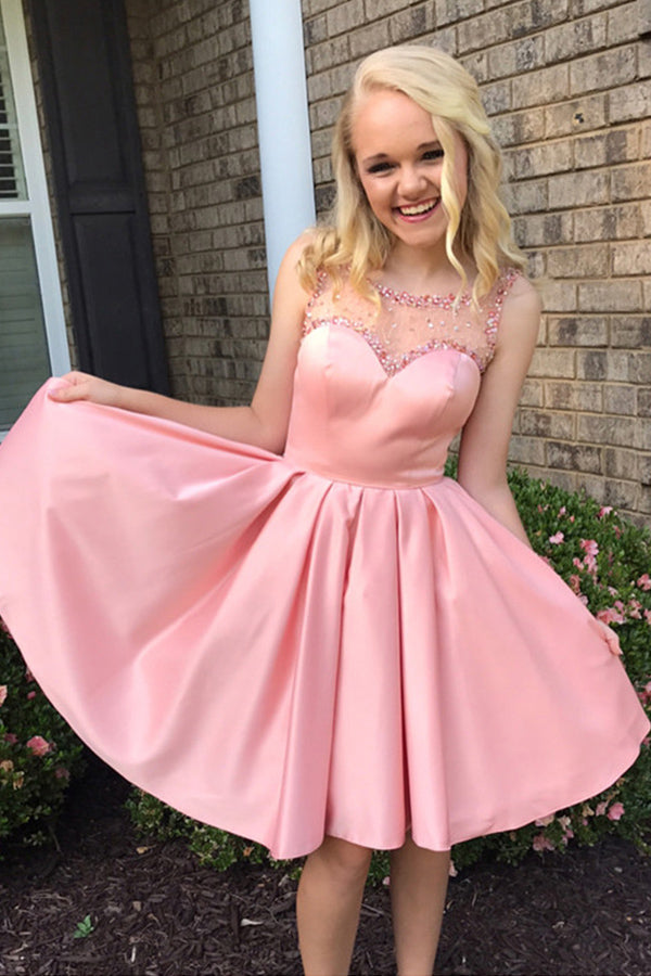 Pink Sleevekess Beading Homecoming Dress,Open Back Short Prom Dress