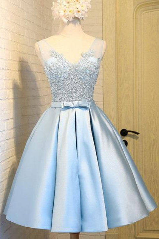 Blue A Line/Princess V Neck Homecoming Dress,Backless Appliques Short/Mid Prom Dress H222 - Ombreprom