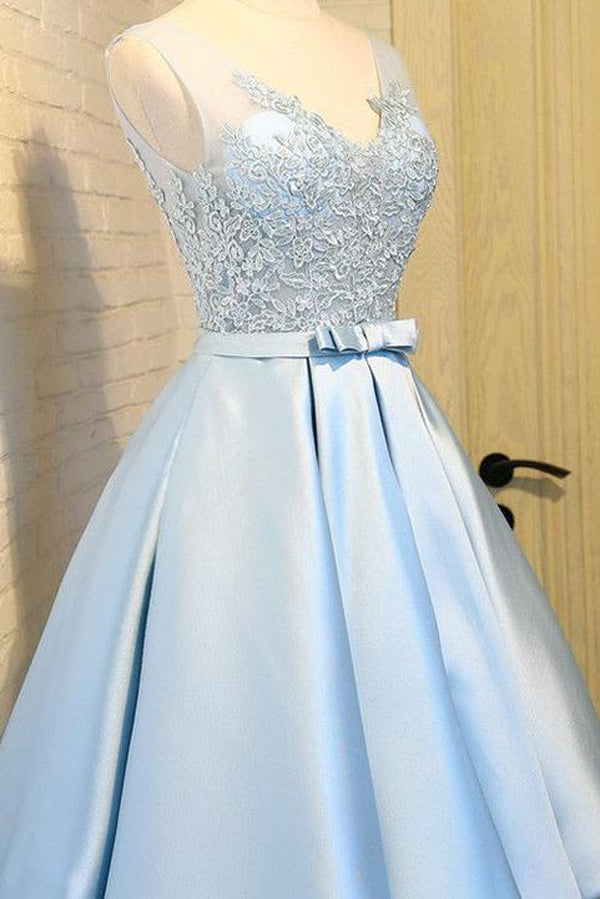 Blue A Line/Princess V Neck Homecoming Dress,Backless Appliques Short/Mid Prom Dress H222 - Ombreprom